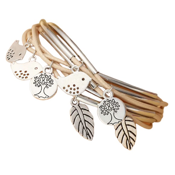 Boho Style Layered Faux Leather Bracelet with Bird and Tree Charms - Picture 2 of 8